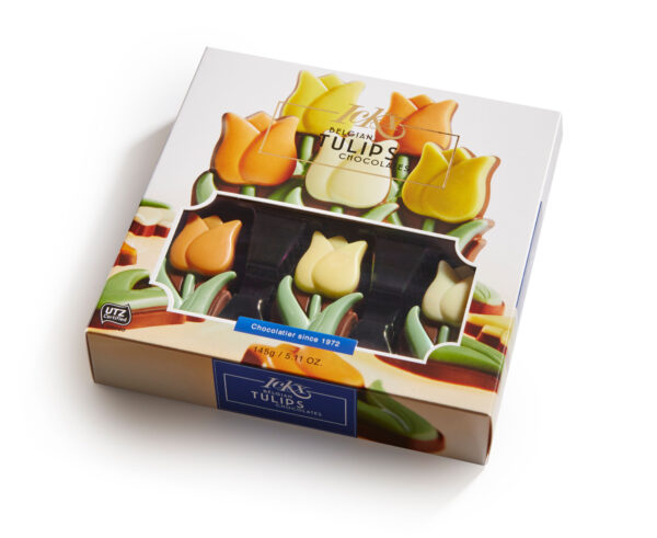 Kleurrijk gedecoreerde chocolade tulpen in een doosje